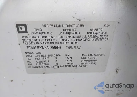 2010 Chevrolet Equinox Ls z USA, uszkodzony, nr VIN 2CNALBEW8A6250997